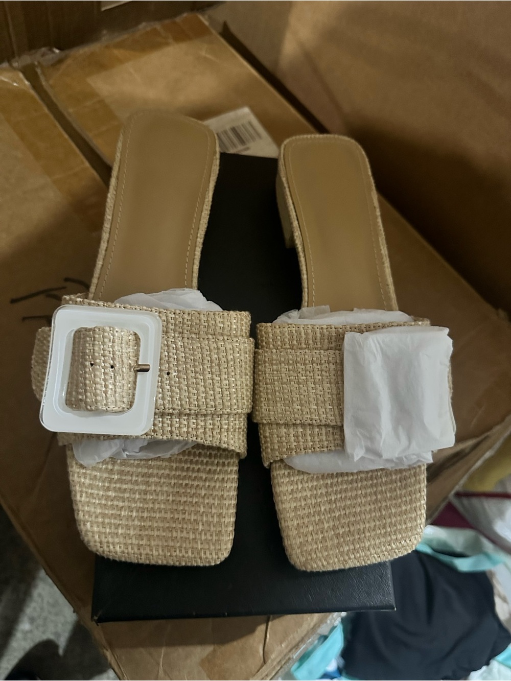 Natural Raffia Slide Mules with Square Buckle - Neutral